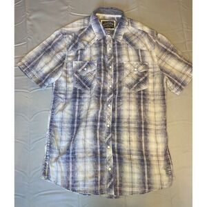 BKE Vintage Western Pearl Snap Shirt Mens Large Blue Plaid Good Athletic Fit